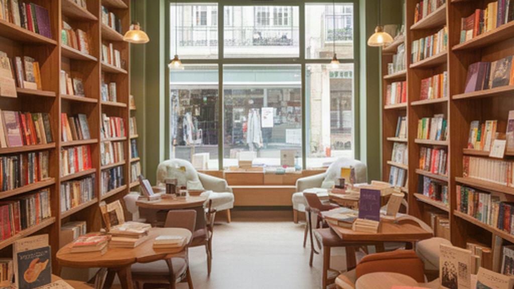 Interior luminoso de una librería de Moreiras con estanterías de madera llenas de novelas y mesas de lectura