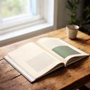 Revista literaria abierta sobre una mesa de madera junto a una ventana