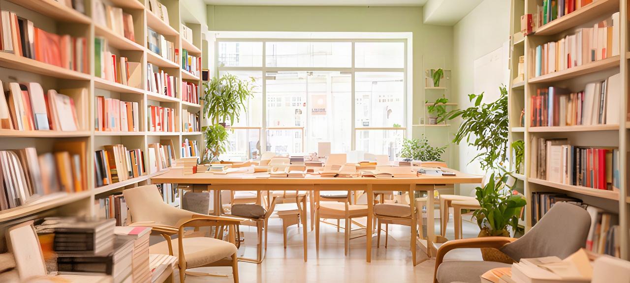 Interior luminoso de una librería de Moreiras con estanterías de libros y una mesa de lectura