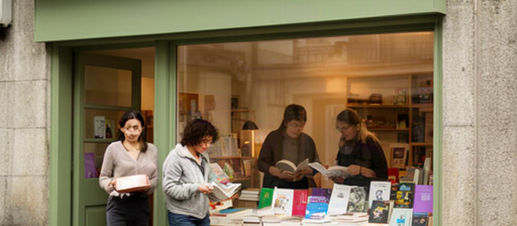Fachada de Ximénez Librería en Moreiras con el equipo colocando libros junto al escaparate