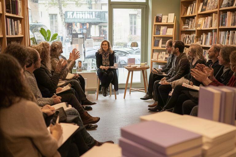 Presentación de un libro con público sentado en la librería de Moreiras